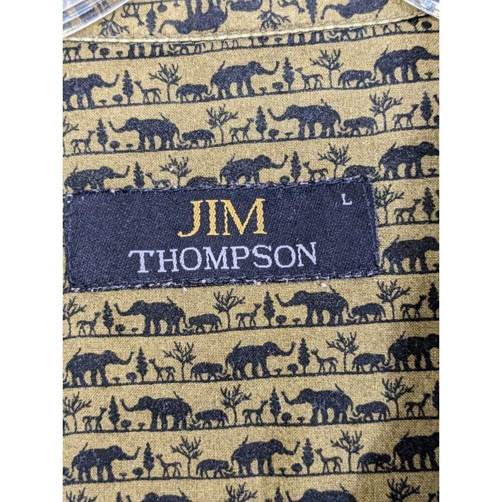 Jim Thompson Mens L Button Up Shirt Dark Olive Green Elephant Print Cotton - Picture 4 of 6